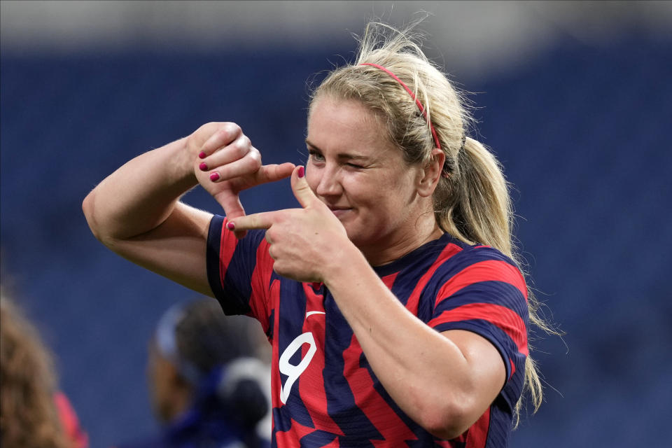 United States' Lindsey Horan(9) celebrates after scoring a goal during a women's soccer match against New Zealand at the 2020 Summer Olympics, Saturday, July 24, 2021, in Saitama, Japan. (AP Photo/Martin Mejia)