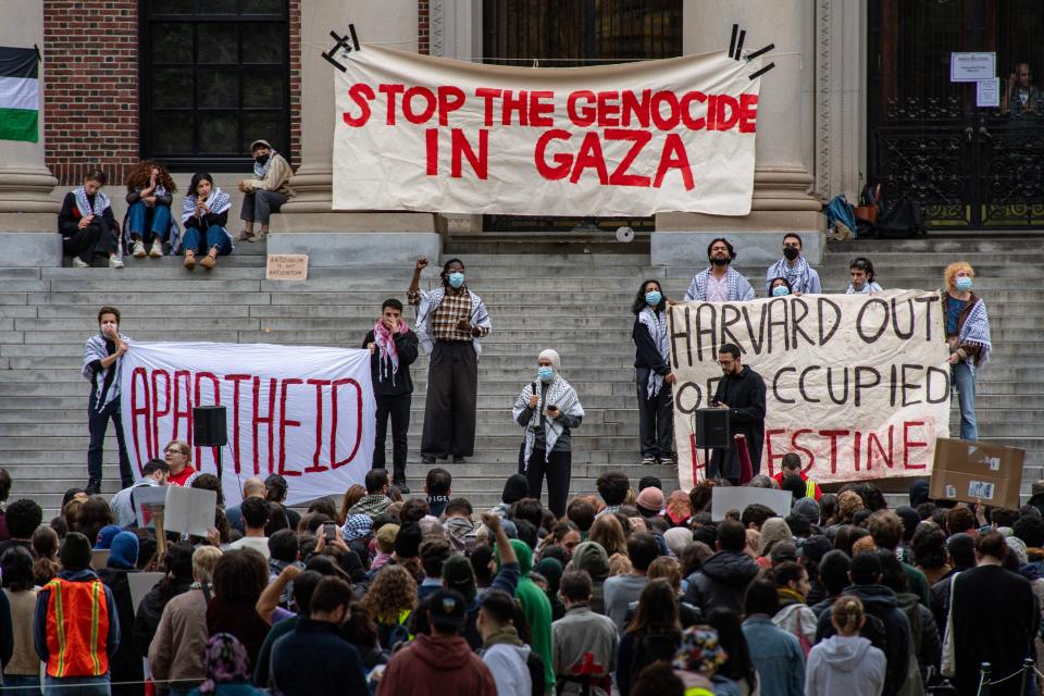 Supporters of Palestine gather at Harvard University to show their support for Palestinians in Gaza at a rally in Cambridge, Massachusetts, on October 14, 2023. 