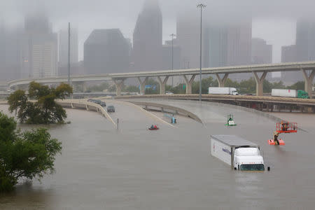 Interstate highway 45 is submerged from the effects of Hurricane Harvey seen during widespread flooding in Houston, Texas, U.S. August 27, 2017. REUTERS/Richard Carson