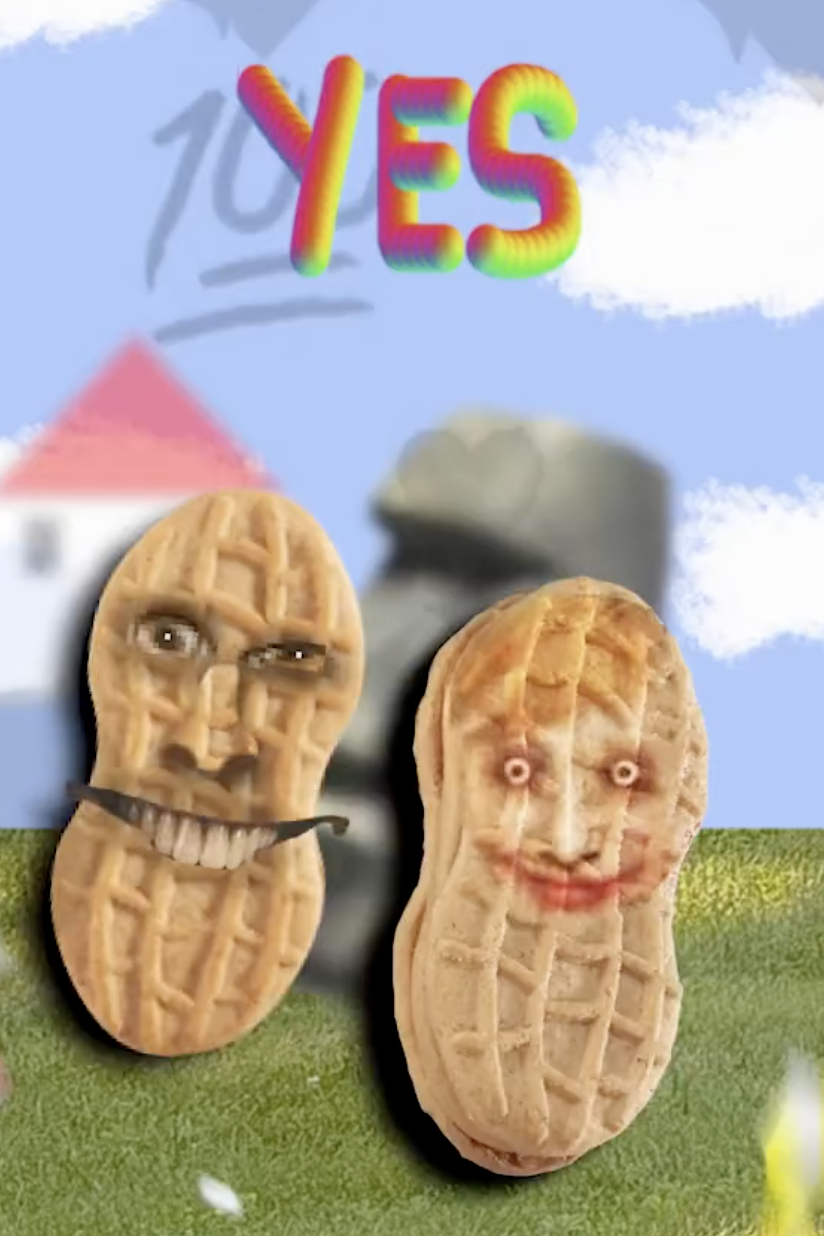 Two anthropomorphic peanuts, one with a serious expression and the other smiling, are set against a whimsical background with the word 