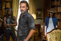 <p>Danai Gurira as Michonne, Andrew Lincoln as Rick Grimes, Chandler Riggs as Carl Grimes (Credit: Gene Page/AMC) </p>