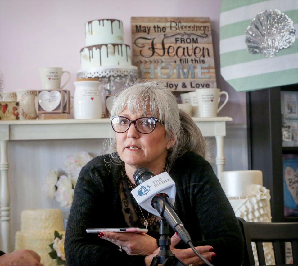 Cathy Miller talks during an interview with The Californian in 2018, in Bakersfield, Calif. A California judge has ruled in favor of Miller a bakery owner who refused to make wedding cakes for a same-sex couple because it violated her Christian beliefs.