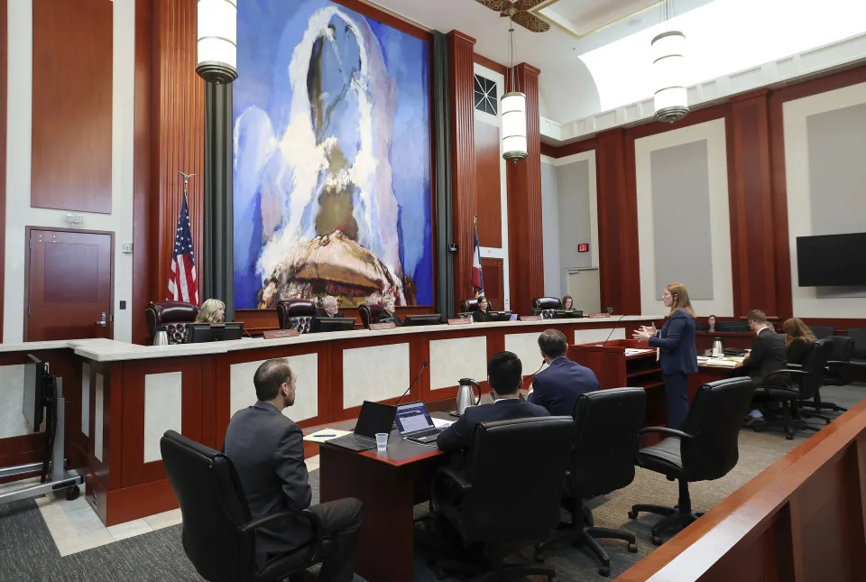 Taylor Meehan, right, an attorney for the Utah Legislature, defends a proposed constitutional amendment before the Utah Supreme Court in Salt Lake City on Wednesday, Sept. 25, 2024. (Jeffrey D. Allred/The Deseret News via AP, Pool)