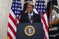 Ashton Mota of the GenderCool Project speaks during an event to commemorate Pride Month, in the East Room of the White House, Friday, June 25, 2021, in Washington. (AP Photo/Evan Vucci)