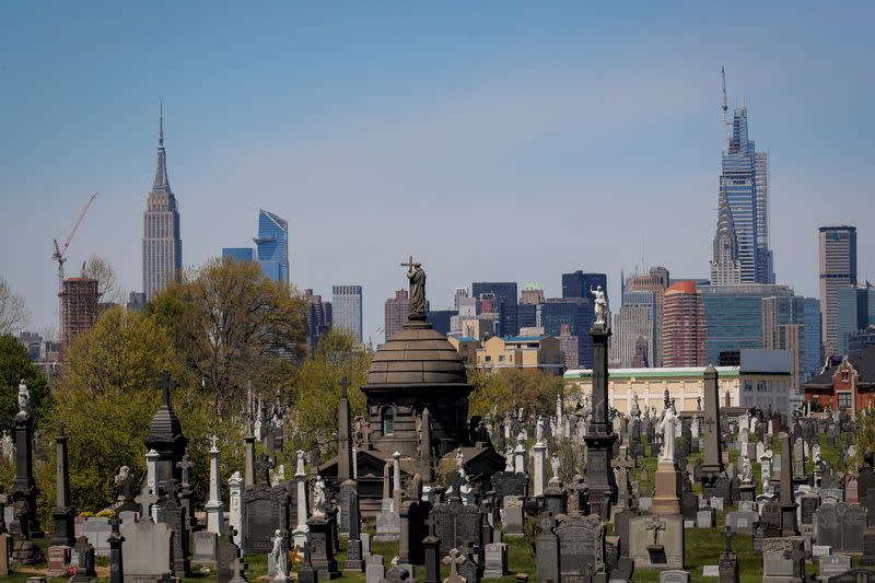 A view of the Manhattan skyline as seen from Calvary Cemetery during the outbreak of the coronavirus disease (COVID-19) in Queens, New York