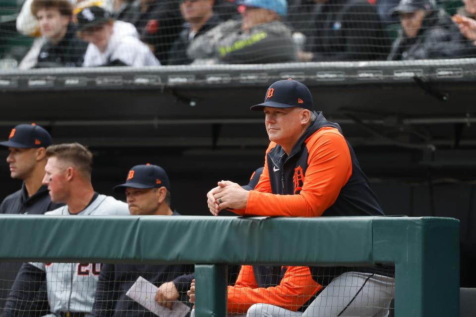 Detroit Tigers manager A.J. Hinch looks on from dugout during the first inning of a baseball game between the Chicago White Sox and Detroit Tigers at Guaranteed Rate Field, March 30, 2024.