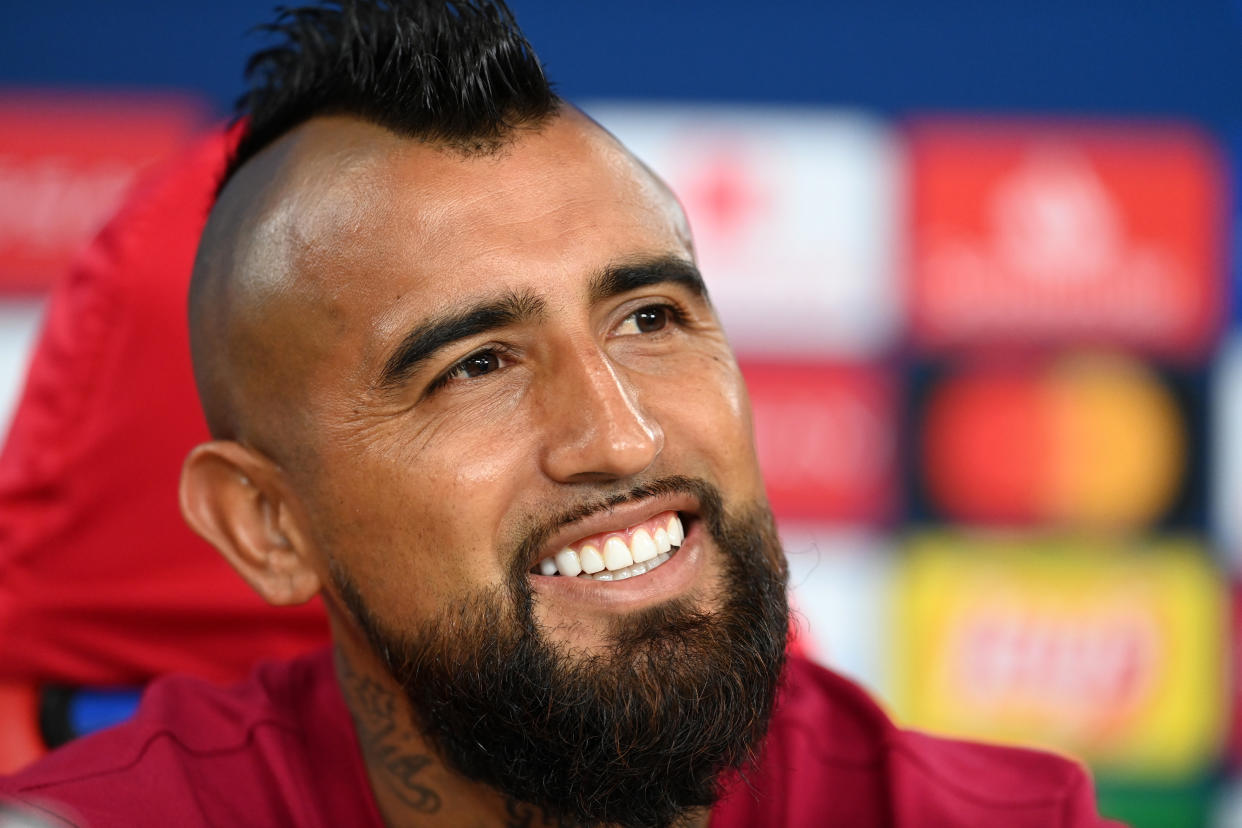 LISBON, PORTUGAL - AUGUST 13: In this handout image provided by UEFA, Arturo Vidal of Barcelona speaks to the media during a press conference ahead of their UEFA Champions League quarter-final match against Bayern Munich at Estadio do Sport Lisboa e Benfica on August 13, 2020 in Lisbon, Portugal. (Photo by UEFA - Handout/UEFA via Getty Images)