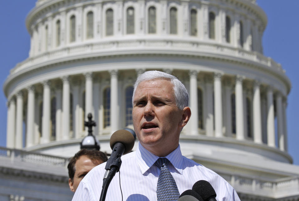 FILE - Rep. Mike Pence, R-Ind., addresses an Americans for Prosperity "Cut Spending Now," rally on Capitol Hill in Washington, April 6, 2011. As Mike Pence approaches a likely 2024 run for president, he's opening up to audiences about the parts of his career before he served as Donald Trump's vice president. He hopes his 12 years in Congress and four years as Indiana governor will project the record of a conservative fighter. (AP Photo/Alex Brandon, File)