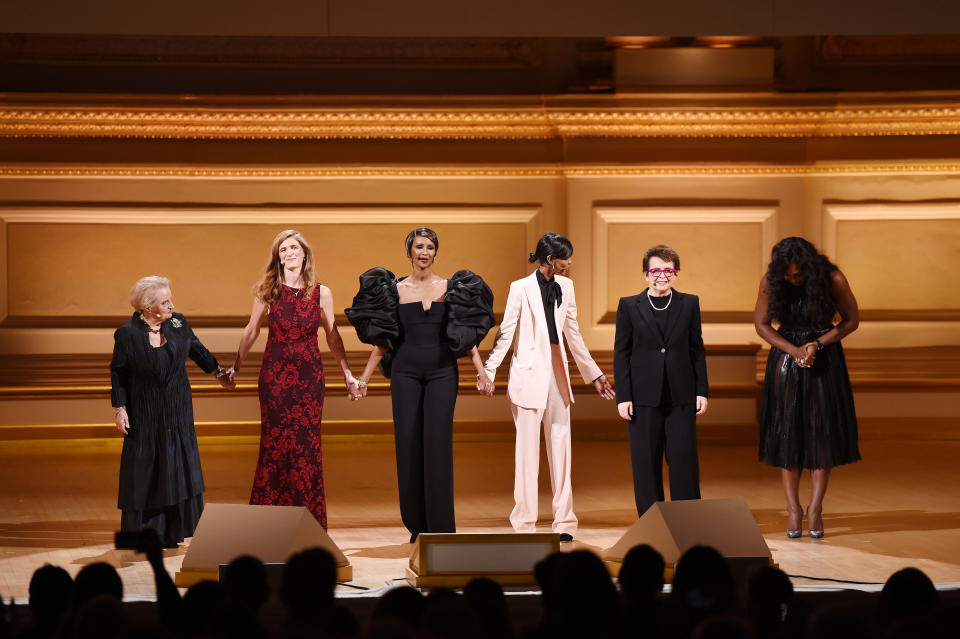 NEW YORK, NY - NOVEMBER 09:  (L-R):  Former United States Secretary of State Madeleine Albright, Ambassador to the United Nations Samantha Power, Model Iman, Model Liya Kebede, Former professional tennis player Billie Jean King, and Professional tennis player Serena Williams speak onstage at the 2015 Glamour Women of the Year Awards on November 9, 2015 in New York City.  (Photo by Larry Busacca/Getty Images for Glamour)