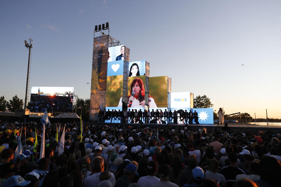 In this Oct. 17, 2019 photo, Cristina Fernandez de Kirchner, Argentina’s former president, speaks to supporters during a campaign rally in Santa Rosa, Argentina. Fernandez de Kirchner, who embodies Argentina’s enduring cycle of hope and despair, appears close to a return to power, this time as a candidate for vice president. (AP Photo/Natacha Pisarenko)