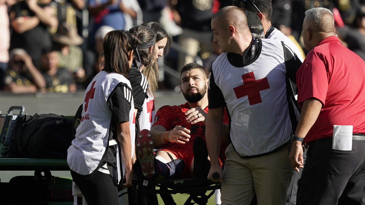 Los Angeles FC goalkeeper Maxime Crépeau left the MLS Cup final match early with an injury. (AP Photo/Marcio Jose Sanchez)