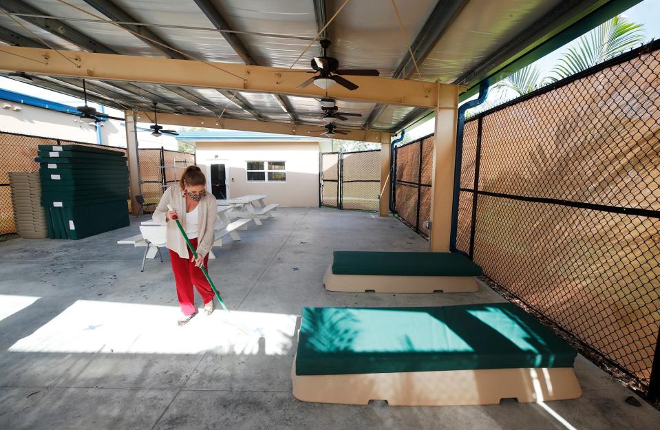The safe zone for the homeless at First Step Shelter provides beds, blankets and picnic tables.