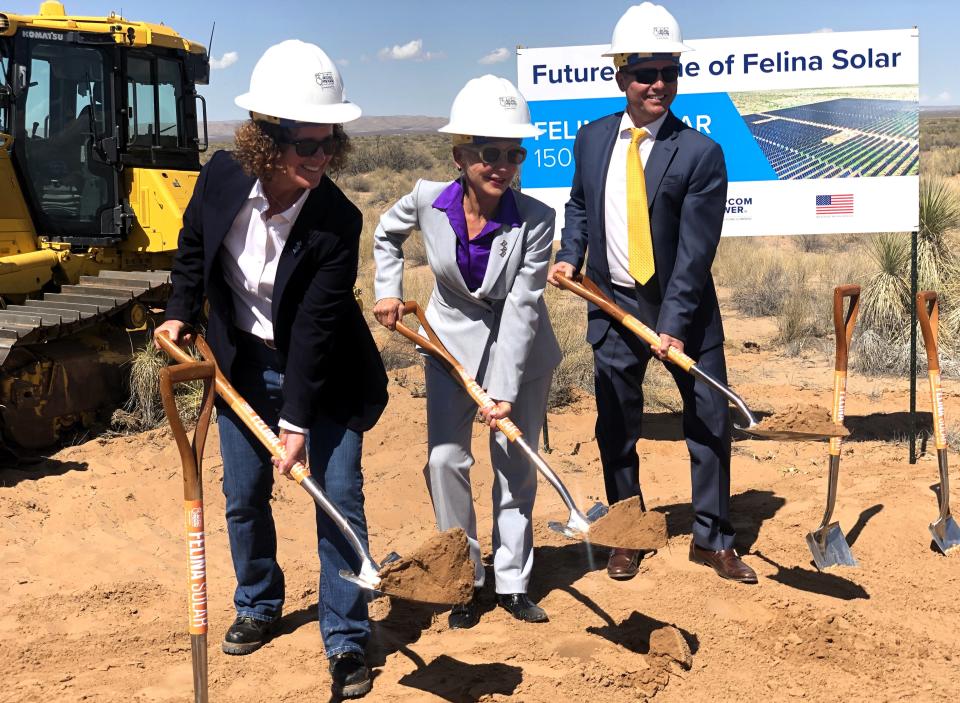 Jessica Christianson, an El Paso Electric vice president, left; Kelly Tomblin, EPE chief executive officer, center; and Robert Wanless, an executive for Depcom Power, at the Monday, April 22, groundbreaking ceremony for the 150MW Felina Solar Resource plant in far East El Paso County