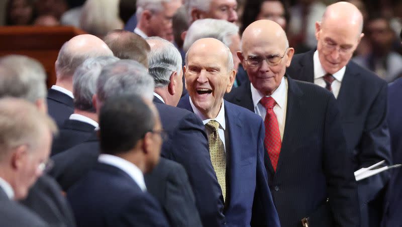 President Russell M. Nelson of The Church of Jesus Christ of Latter-day Saints smiles upon greeting fellow leaders before the Sunday afternoon session of the 193rd Annual General Conference of The Church of Jesus Christ of Latter-day Saints in Salt Lake City on Sunday, April 2, 2023.