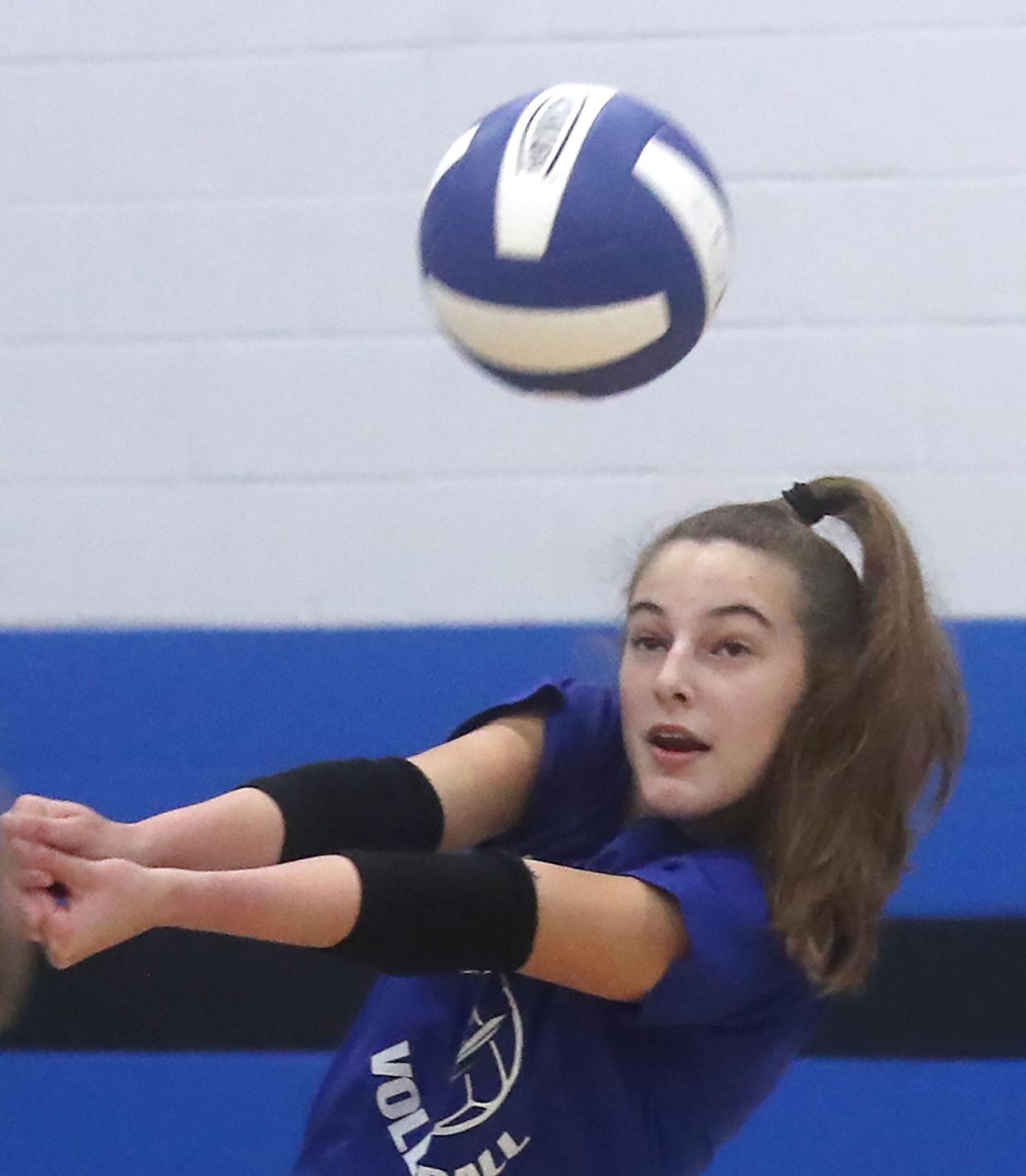 Matanzas High volleyball player Rylan Miller sets up a shot for a teammate, Tuesday October 10, 2023 as the team runs drills during practice.