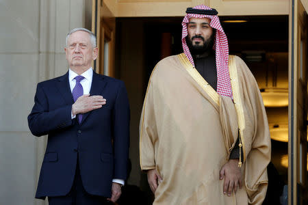 U.S. Defense Secretary James Mattis (L) hosts an enhanced honor cordon welcoming Saudi Arabia's Deputy Crown Prince and Minister of Defense Mohammed bin Salman at the Pentagon in Washington, U.S., March 16, 2017. REUTERS/Yuri Gripas