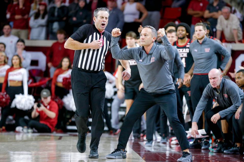Texas Tech head coach Grant McCasland yells to players from the sidelines in the second half during an NCAA basketball game between University of Oklahoma (OU) and Texas Tech at the Lloyd Noble Center in Norman, Okla., on Saturday, Jan. 27, 2024.