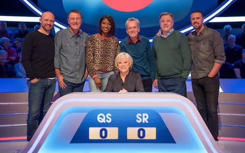 Matt Dawson, Phil Tufnell, Denise Lewis, Sue Barker, Frank Skinner, Ed Balls, Paddy McGuinness in a Question of Sport - Credit: BBC