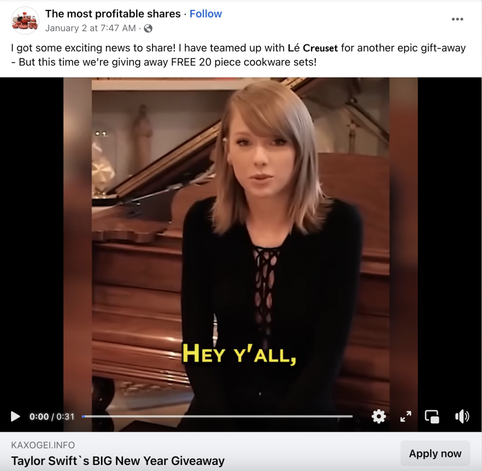 Deepfakes the one above of Taylor Swift, make it hard to distinguish between and authentic content. / Credit: Screenshot/Facebook