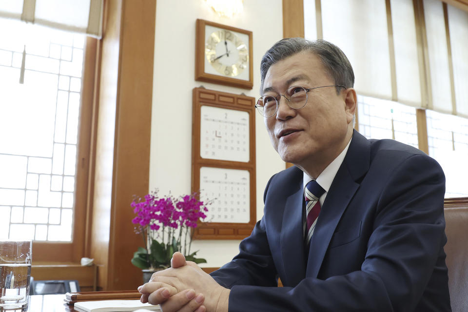 South Korean President Moon Jae-in is pictured at the presidential Blue House in Seoul, South Korea, Tuesday, Feb. 8, 2022. Moon, in his final months in office, has expressed concern over North Korea's expanding weapons program and the possibility it could resume nuclear and long-range missile tests that would revive fears of war in the region. (Joint Press Photo/Pool Photo via AP)