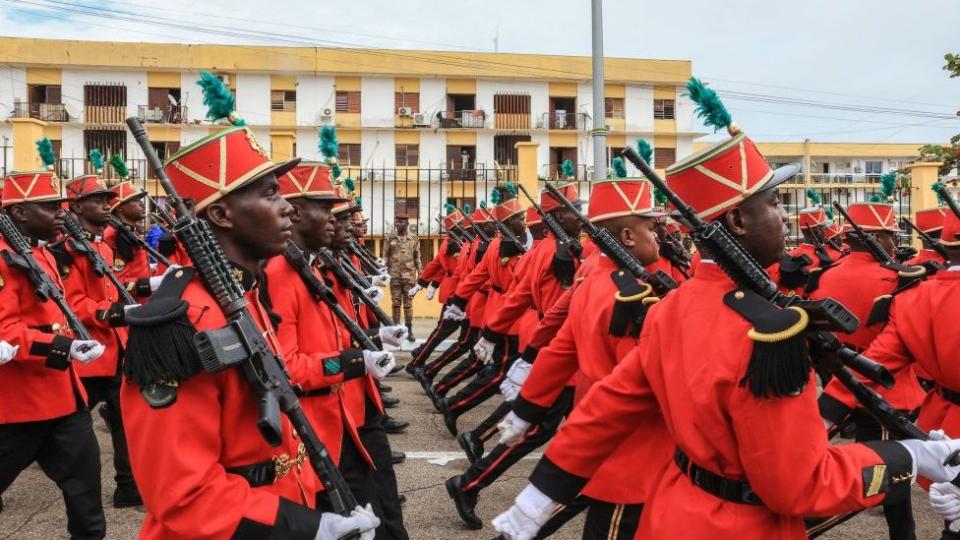 Military soldiers marching in Gabon, 4 September