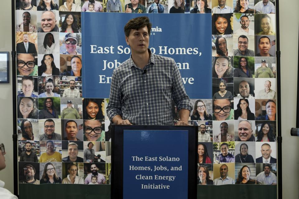 Jan Sramek, CEO of California Forever, speaks at a news conference announcing that his group has submitted signatures for a November ballot measure that would clear hurdles to build a new city in Solano County. Vallejo, Calif. April 30, 2024 (AP Photo/Terry Chea)