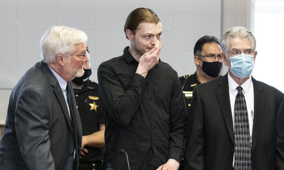 Edward ‘Jake’ Wagner wipes tears away after apologizing to the Rhoden family during his plea hearing at the Pike county courthouse in April 2021.