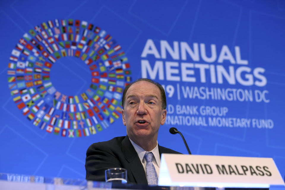 World Bank President David Malpass speaks during a news conference at the World Bank/IMF Annual Meetings in Washington, Thursday, Oct. 17, 2019. (AP Photo/Jose Luis Magana)