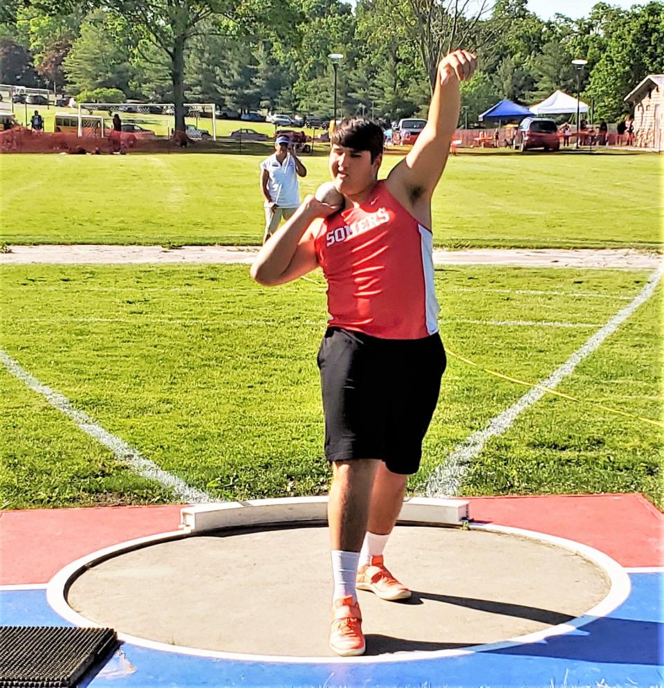 Somers senior Brian Luciano prepares to throw the shot put during the Section 1 state championships track and field qualifier June 4, 2022 at White Plains High School. Luciano won the D1 boys title with a personal-best throw of 51-7.25.