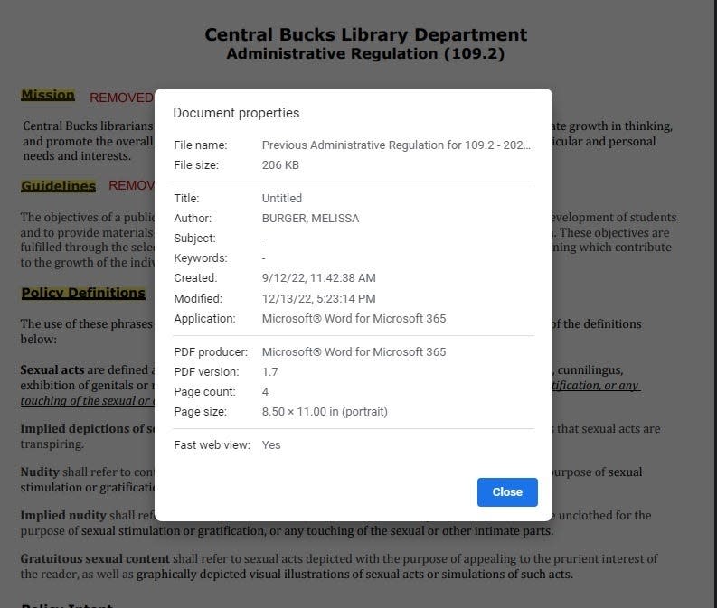 Metadata for a leaked rough draft for Central Bucks School District's library policy administrative regulations appear to be written by Library Coordinator Melissa Burger, but several significant cuts remove requirements to consider a book's literary merit or that books must be read in their entirety before deciding if it is removed.