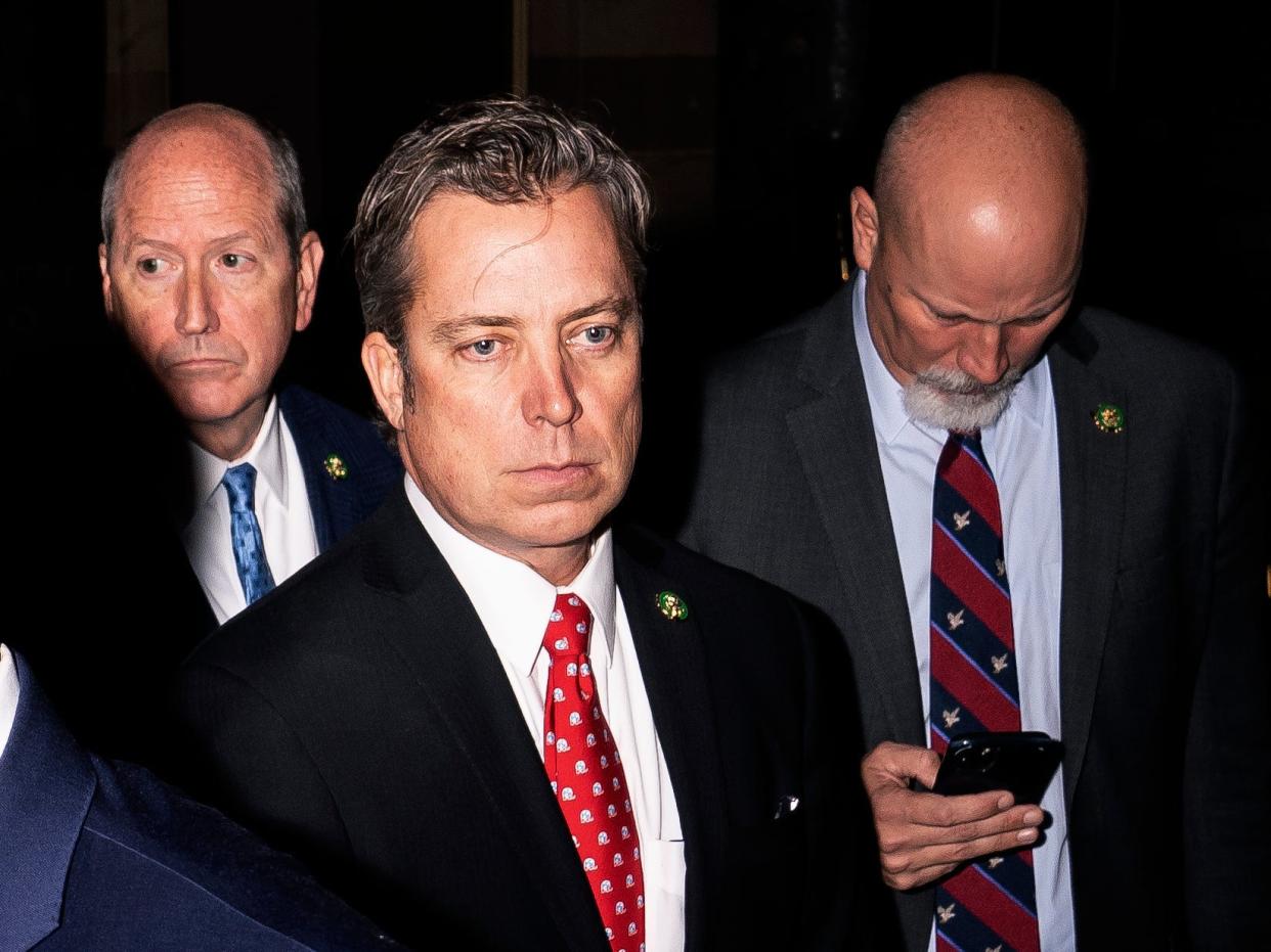 WASHINGTON, DC - JANUARY 06: Rep.-elect Byron Donalds (R-FL) (L to R), Rep.-elect Dan Bishop (R-NC), Rep.-elect Andy Ogles (R-TN) and Rep.-elect Chip Roy (R-TX) speak to the media after voting for Republican leader Kevin McCarthy (R-CA) for speaker of the house on January 6, 2023 in Washington, DC. The House of Representatives will continue to try and elect the next Speaker after McCarthy failed to earn more than 218 votes on 11 ballots over three days, the first time in 100 years that the Speaker was not elected on the first ballot. (Photo by Nathan Howard/Getty Images)