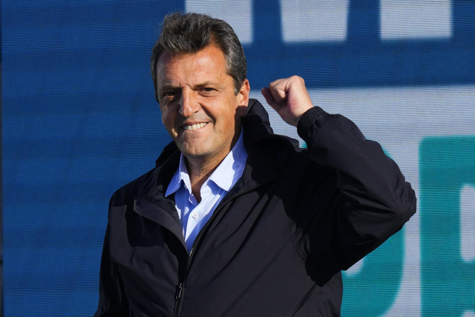 Sergio Massa, Argentine Economy Minister and ruling party presidential candidate pumps his fist during a campaign event in Buenos Aires, Argentina, Tuesday, Oct. 17, 2023. Argentine general elections are set for Oct. 22. (AP Photo/Natacha Pisarenko)