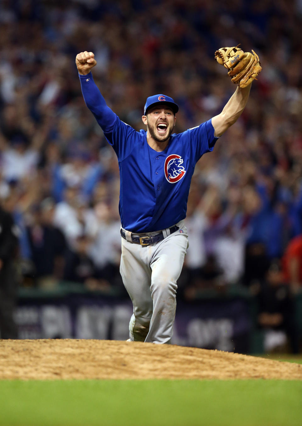 CLEVELAND, OH - NOVEMBER 2:  Kris Bryant #17 of the Chicago Cubs reacts after making the throw to first for the final out in of Game 7 of the 2016 World Series against the Cleveland Indians at Progressive Field on Wednesday, November 2, 2016 in Cleveland, Ohio. The Cubs defeated the Indians 8-7. (Photo by Brad Mangin/MLB Photos via Getty Images) 