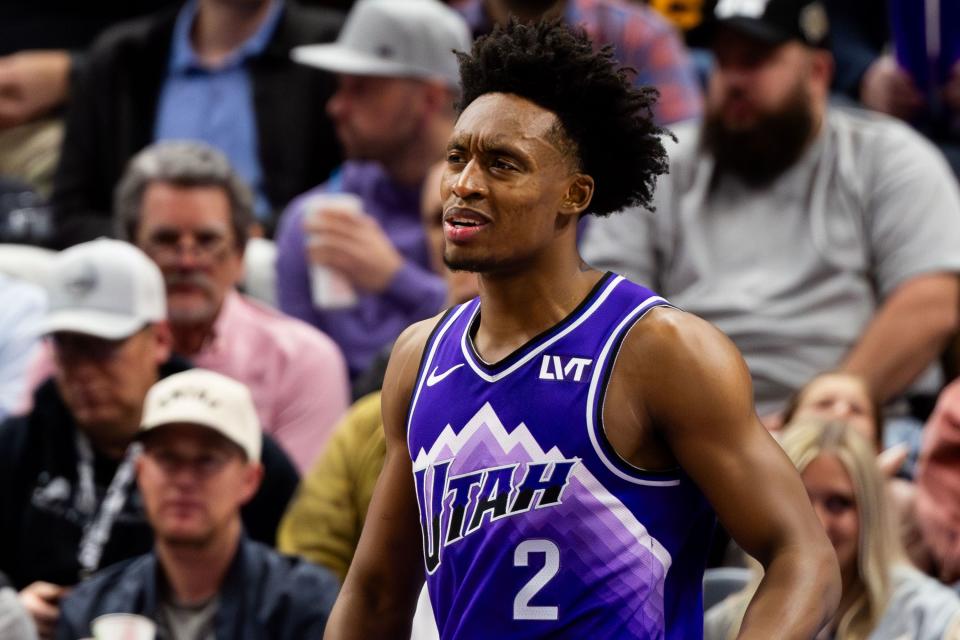 Utah Jazz guard Collin Sexton (2) reacts to a foul called during an NBA basketball game between the Utah Jazz and the Oklahoma City Thunder at the Delta Center in Salt Lake City on Tuesday, Feb. 6, 2024.