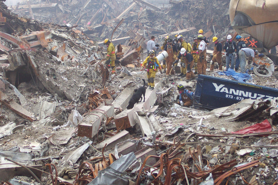 Debra Tosch, executive director of the Search Dog Foundation, and her partner Abby searching at Ground Zero