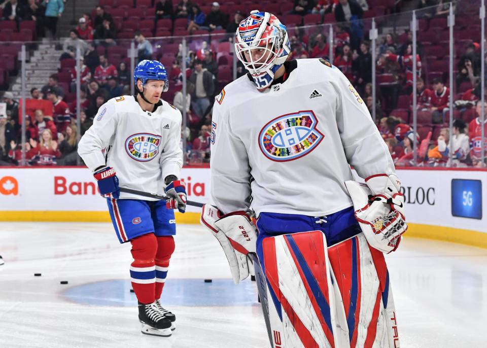 Sam Montembeault of the Montreal Canadiens wears a jersey celebrating Pride Night during warm-ups at Centre Bell on April 6, 2023 in Montreal, Quebec, Canada.