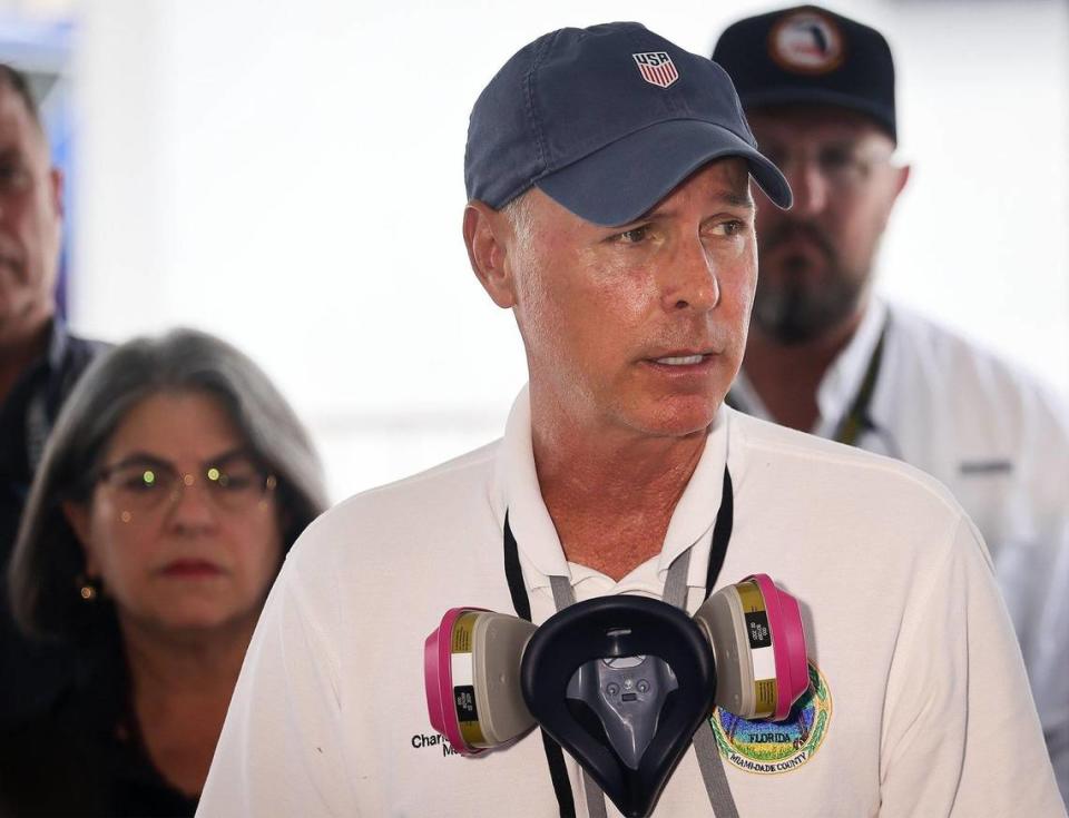 Mayor Charles Burkett gives his remarks during the daily morning press conference outside the County’s operational center. Miami-Dade and Surfside mayors updated the media on the overnight and daily operational details while announcing 90 people who have been confirmed dead due to the partial collapse of the Champlain Towers South in Surfside, Florida on Sunday, July 11, 2021.