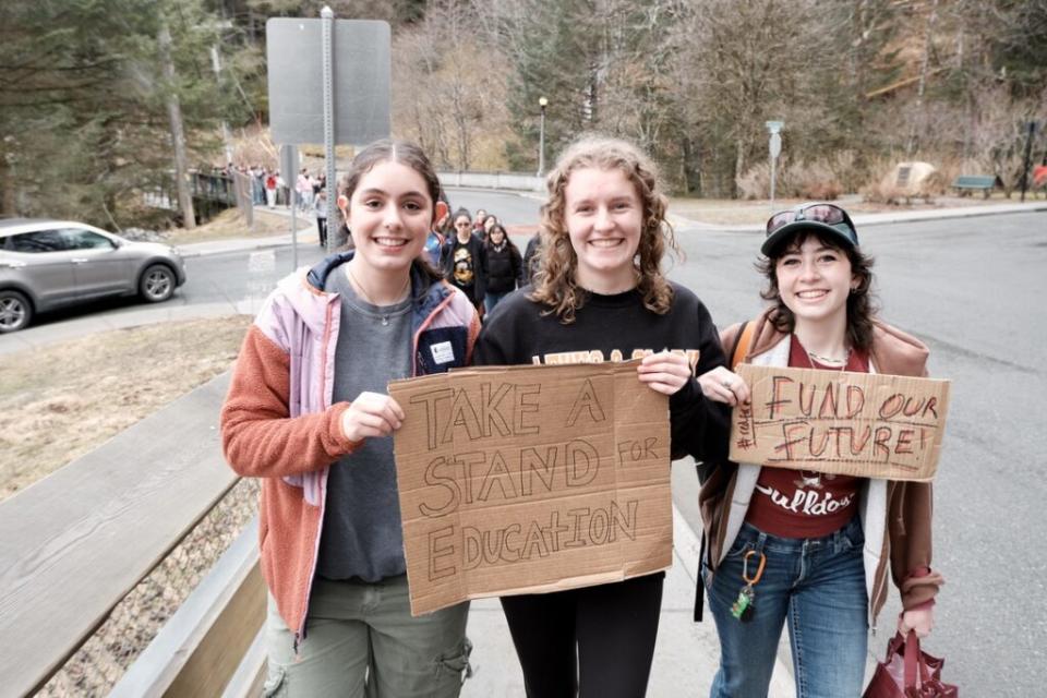 Cadence Ward, Acey Hall and Kensey Jenkins left Juneau-Douglas High School to protest Gov. Mike Dunleavy's education funding veto on April 4, 2024. (Photo by Claire Stremple/Alaska Beacon)