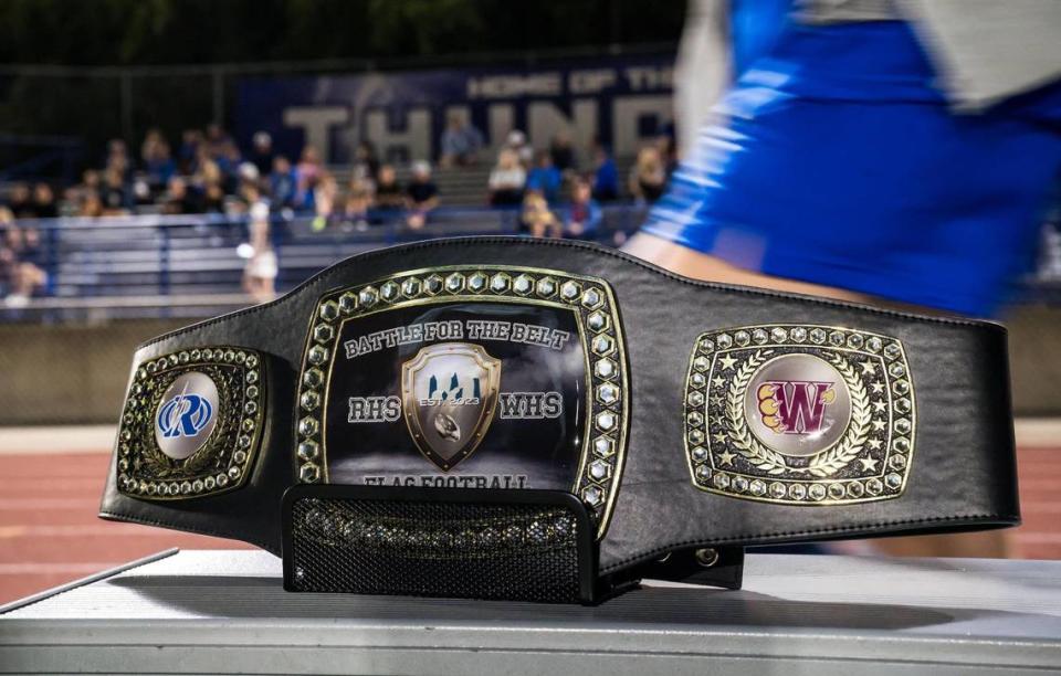 The Rocklin Thunder beat the Whitney Wildcats, 18-0, at the high school girls flag football game Thursday, Sept. 28, 2023, for the inaugural “Battle for the Belt” game.