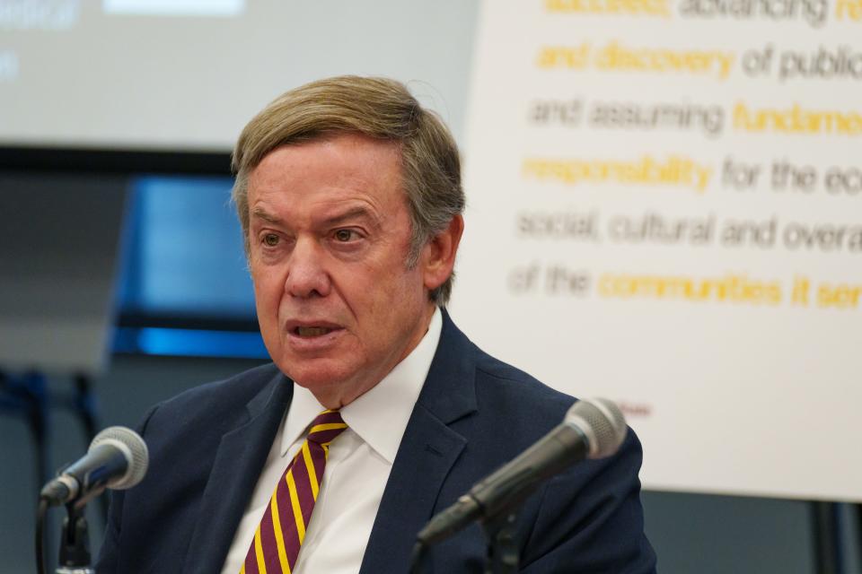 President of Arizona State University, Michael Crow, speaks at a meeting with the Arizona Board of Regents concerning ASU's plans for a medical school, held in the Fulton Center on ASU's Tempe Campus, on June 1, 2023.