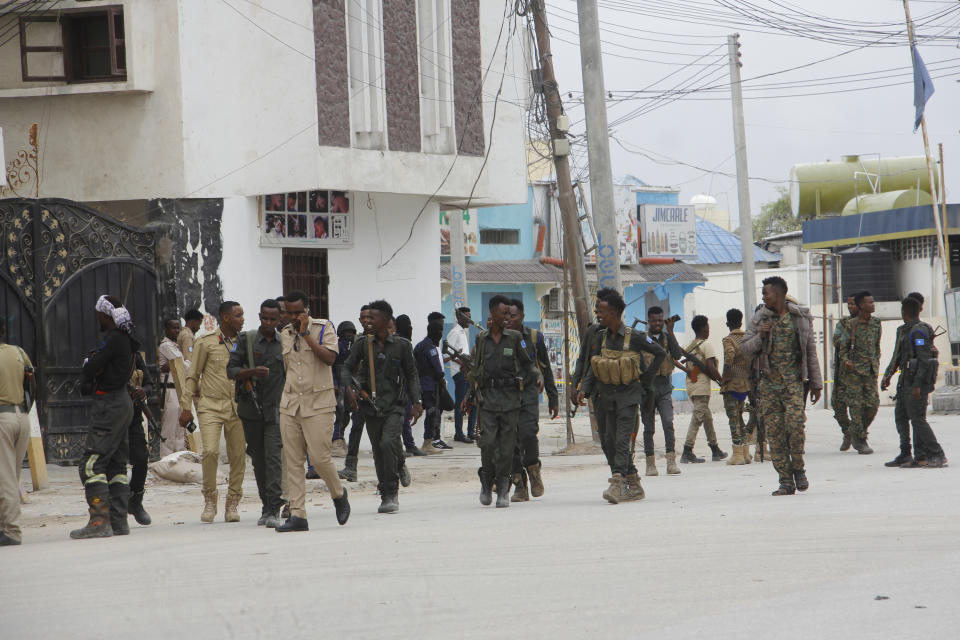 FILE - Security forces patrol at the scene, after gunmen stormed the Hayat Hotel in the capital Mogadishu, Somalia, on Aug, 20, 2022. The deadly siege was the longest such attack in the country's history taking more than 30 hours for security forces to subdue the extremists, with more than 20 people killed. (AP Photo/Farah Abdi Warsameh, File)