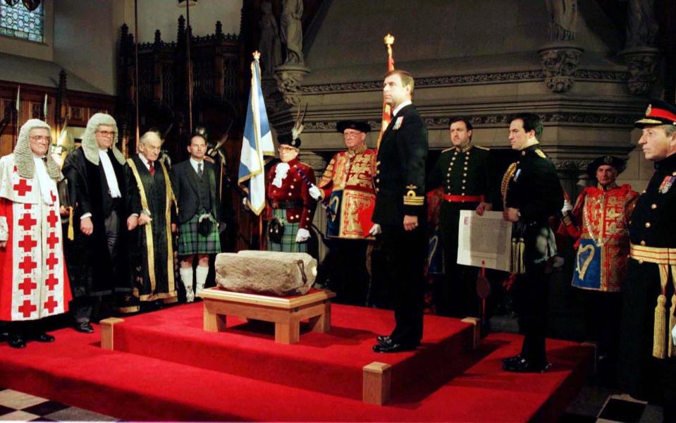 The Duke of York during the 1996 ceremony to hand back the stone to Scotland - Reuters