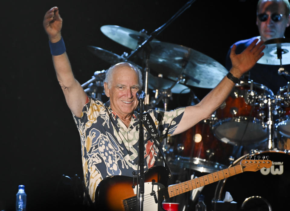 FILE - Jimmy Buffett thanks the capacity crowd at the Coffee Butler Amphitheater on Feb. 9, 2023 during a string of four shows in Key West, Fla. Buffett, who popularized beach bum soft rock with the escapist Caribbean-flavored song “Margaritaville” and turned that celebration of loafing into an empire of restaurants, resorts and frozen concoctions, has died, Friday, Sept. 1, 2023. (Rob O'Neal /The Key West Citizen via AP)