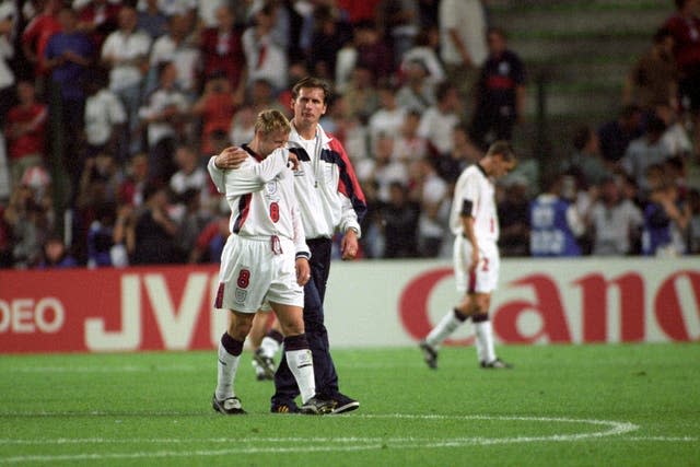 England’s David Batty stands dejected after missing from the spot 