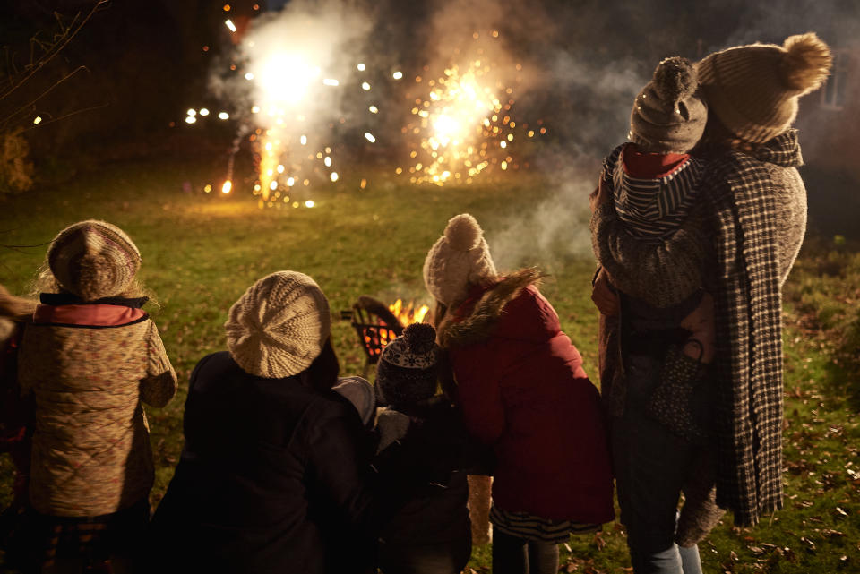 Two young families wrapped up warm, watching fireworks in back garden