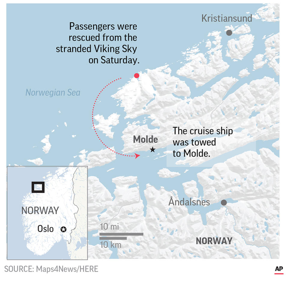 A cruise ship was stranded off Norway's western coast in bad weather.;