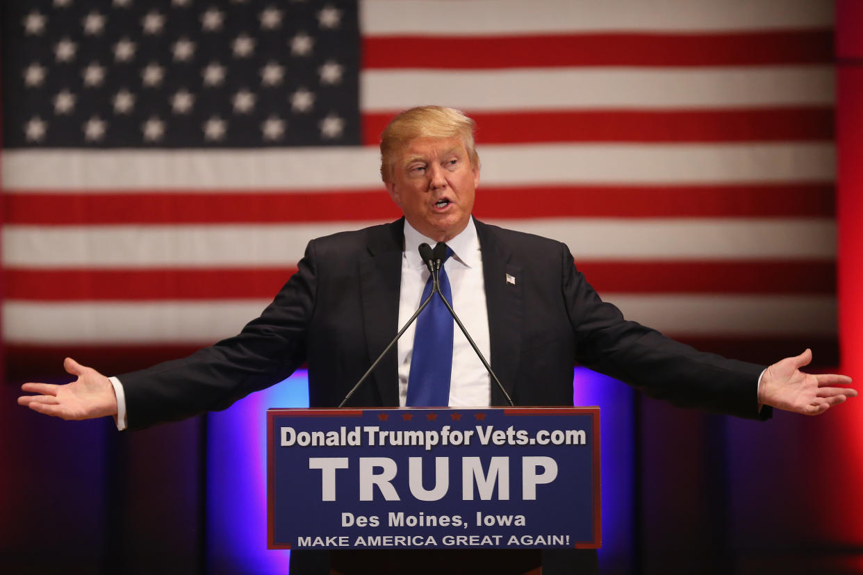 President Trump speaks during a veterans’ benefit in Des Moines on Jan. 28, 2016, after withdrawing from a Fox News/Google GOP debate. (Photo: Christopher Furlong/Getty Images)
