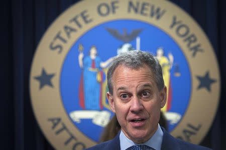 New York State Attorney General Eric Schneiderman speaks during a news conference about a settlement announced against the Bank Of America in the Manhattan borough of New York August 21, 2014. REUTERS/Carlo Allegri