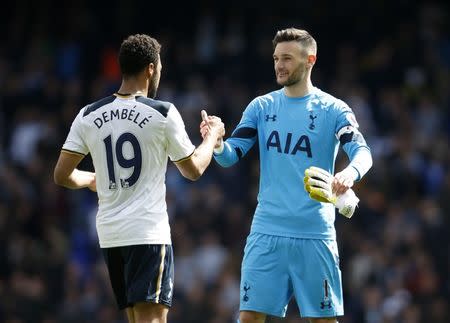 Britain Soccer Football - Tottenham Hotspur v AFC Bournemouth - Premier League - White Hart Lane - 15/4/17 Tottenham's Hugo Lloris celebrates after the match with Mousa Dembele Action Images via Reuters / Paul Childs Livepic