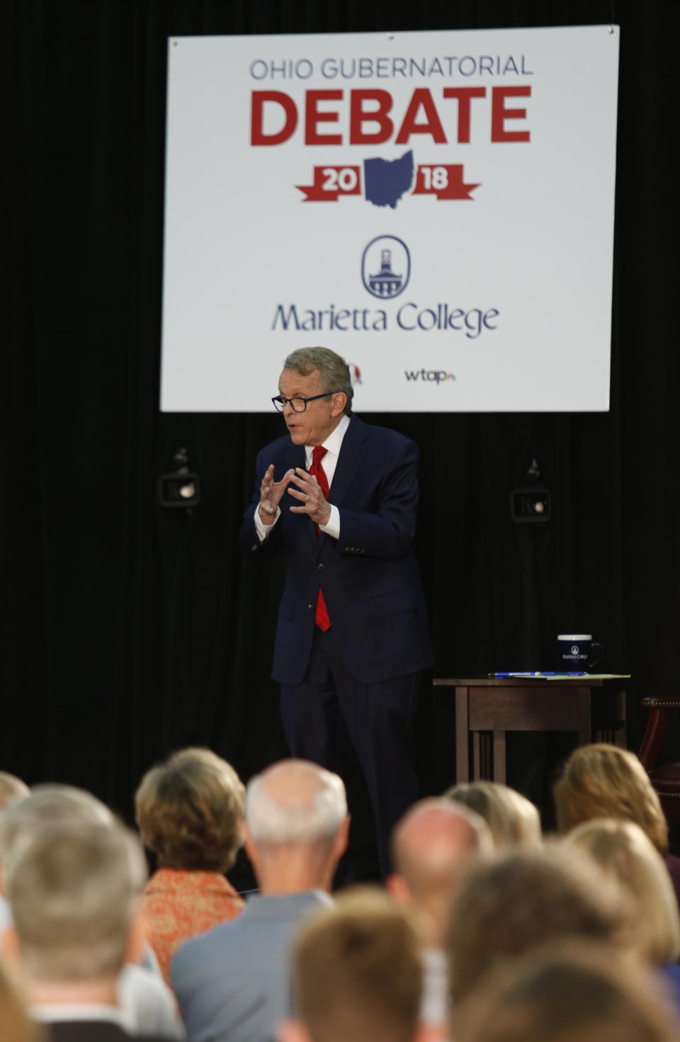 Ohio Attorney General and Republican gubernatorial candidate Mike DeWine speaks during a debate with Democratic gubernatorial candidate Richard Cordray at Marietta College in Marietta, Ohio, Monday, Oct. 1, 2018. (AP Photo/Paul Vernon, Pool)